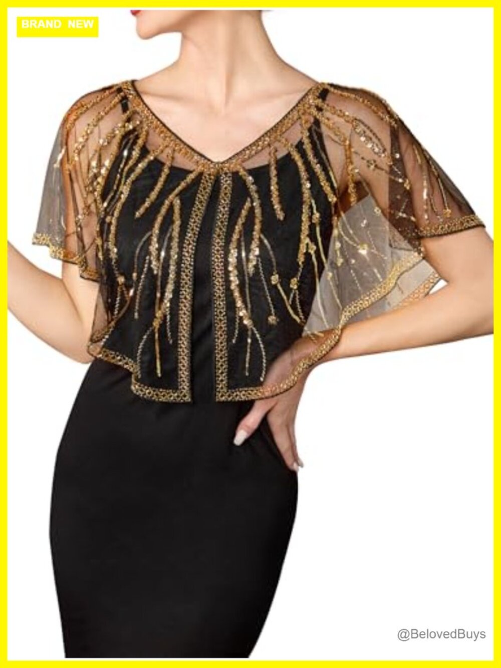 1920s Sequin Flapper Shawl Wrap, Sheer Beaded Evening Cape for Gatsby Party